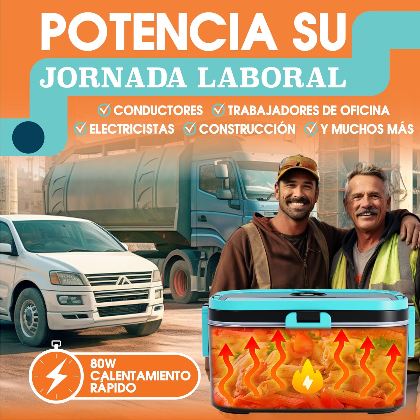 TRAVELISIMO - Fiambrera Electrica Extra Grande 1,8L - Taper Electrico para Comida 80W - Fiambrera Termica 3 en 1 12V/24V/220V - Fiambreras Comida Trabajo para Coche, Camión - Acero Inoxidable