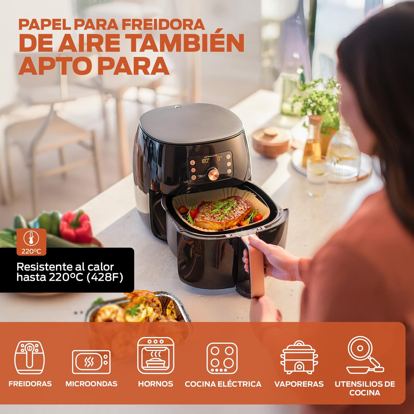 PORTENTUM Papel freidora aire 100 unidades de 20-24 cm Cuadrado. Papel Air Fryer Grado alimenticio BPA free, FDA y LFGB