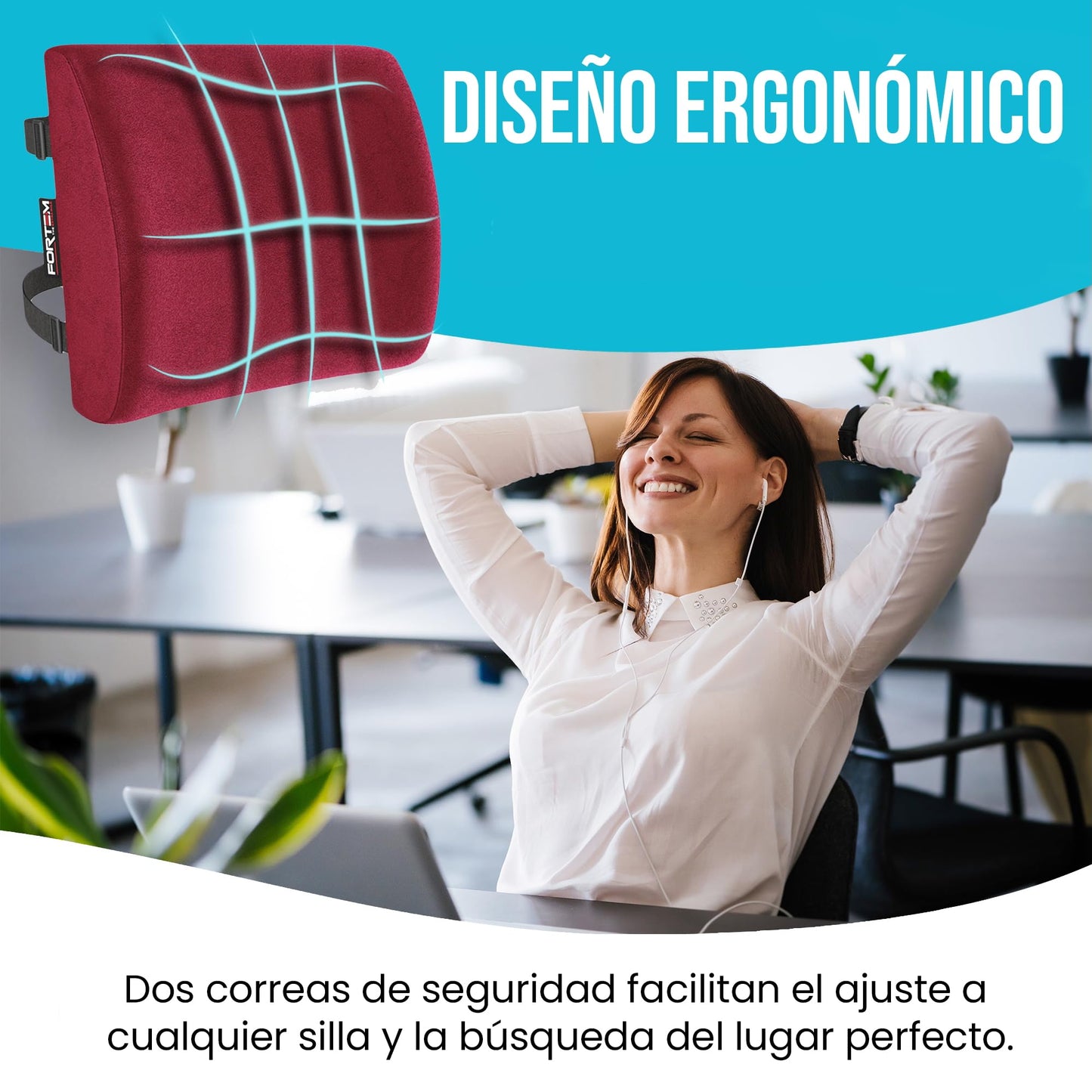 FORTEM Cojín Lumbar Ergonómico para Silla de Oficina, Coche y Gaming, con Espuma Viscoelástica de Alta Densidad y Funda Lavable, Respaldo Ortopédico para Mayor Comodidad