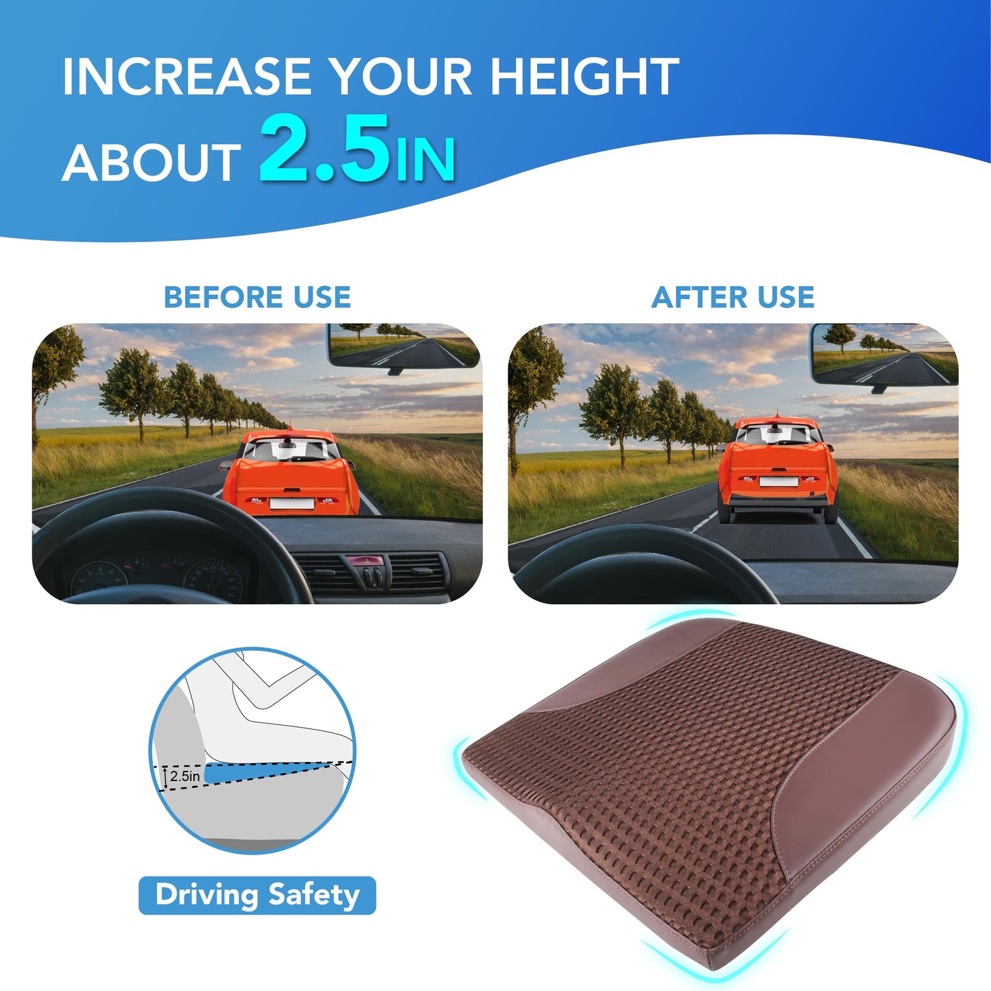 Cojín de asiento de coche: cómodo cojín de espuma viscoelástica para conducir, para aliviar el dolor de ciática, tahone, cojín de asiento para coche, camión, oficina, silla de ruedas, cuero y malla 4D