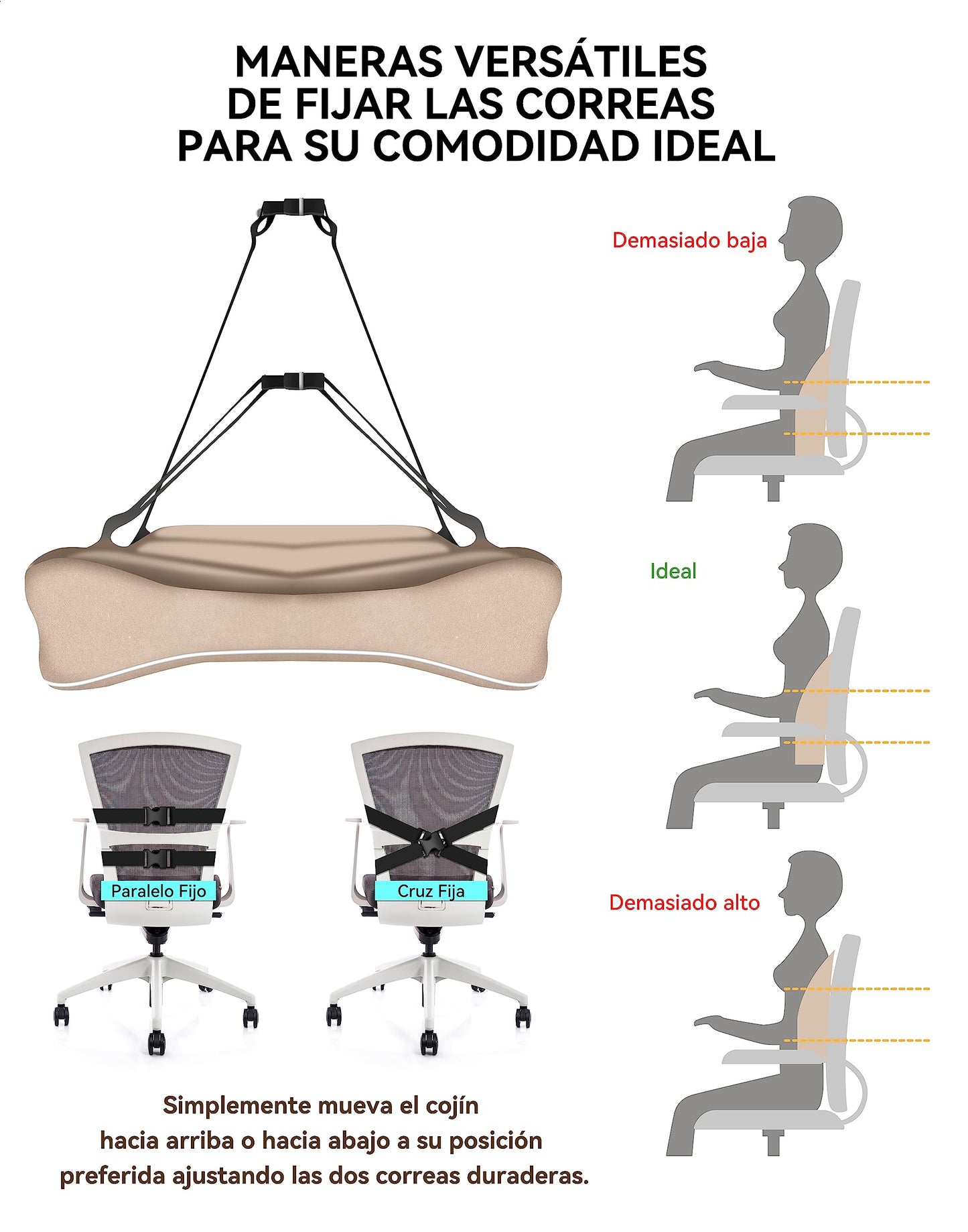 Travel Ease Cojín de Soporte Lumbar Ergonómico, Respaldo de Espuma Viscoelástica para Asiento de Automóvil, Silla de Oficina, Respaldo con Cubierta Antiestática y Correas Ajustables Dobles, Negro