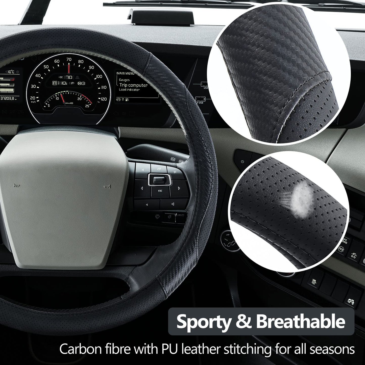 ZATOOTO Funda Volante Coche para Camión, Protectores Volante Coche de Fibra de Carbono Antideslizantes, Deportivos y Transpirables, 44-46cm / 17.3-18.1in, Negro
