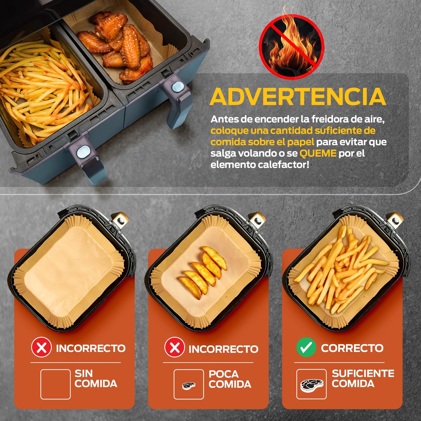 PORTENTUM Papel freidora aire 100 unidades de 20-24 cm Cuadrado. Papel Air Fryer Grado alimenticio BPA free, FDA y LFGB