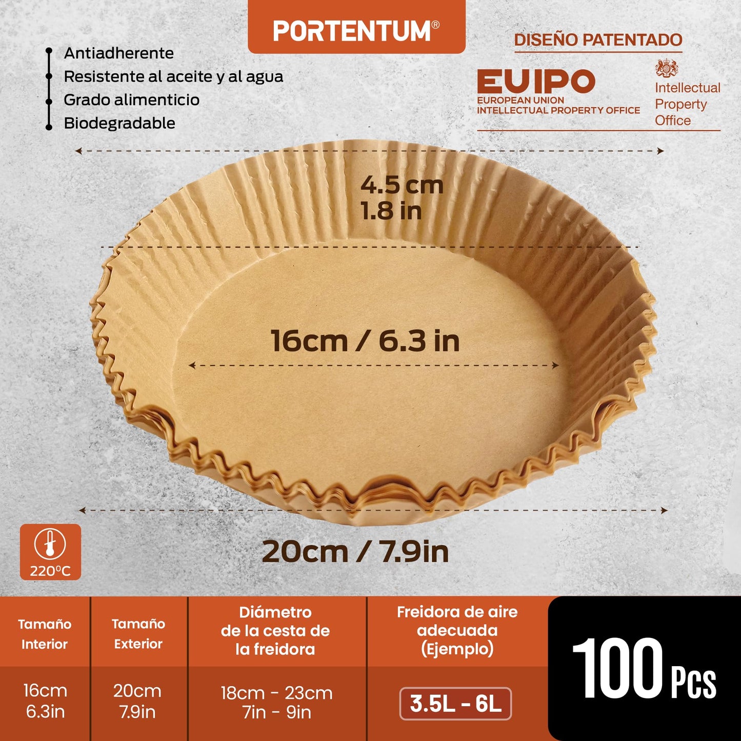 PORTENTUM Papel freidora aire 100 unidades de 20-24 cm Cuadrado. Papel Air Fryer Grado alimenticio BPA free, FDA y LFGB