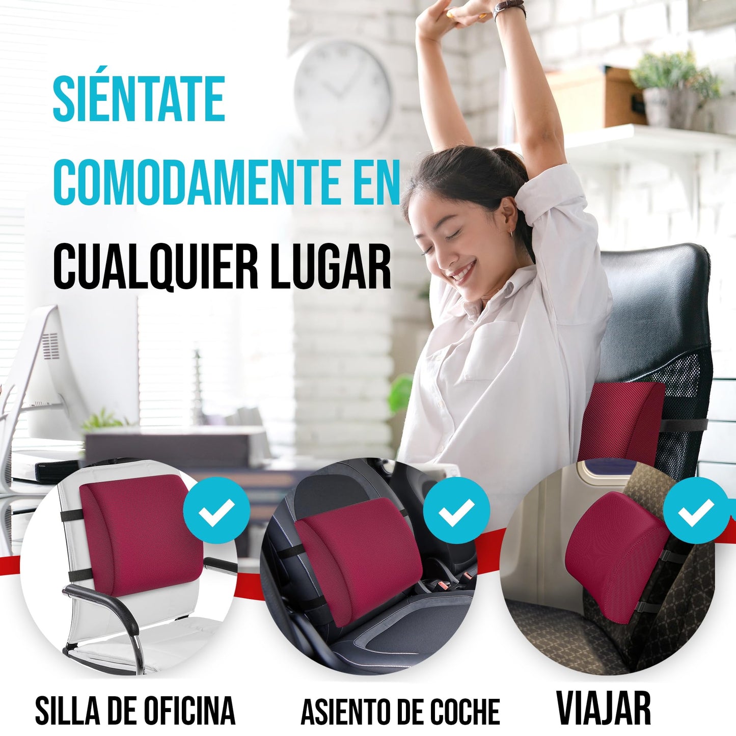 FORTEM Cojín Lumbar Ergonómico para Silla de Oficina, Coche y Gaming, con Espuma Viscoelástica de Alta Densidad y Funda Lavable, Respaldo Ortopédico para Mayor Comodidad