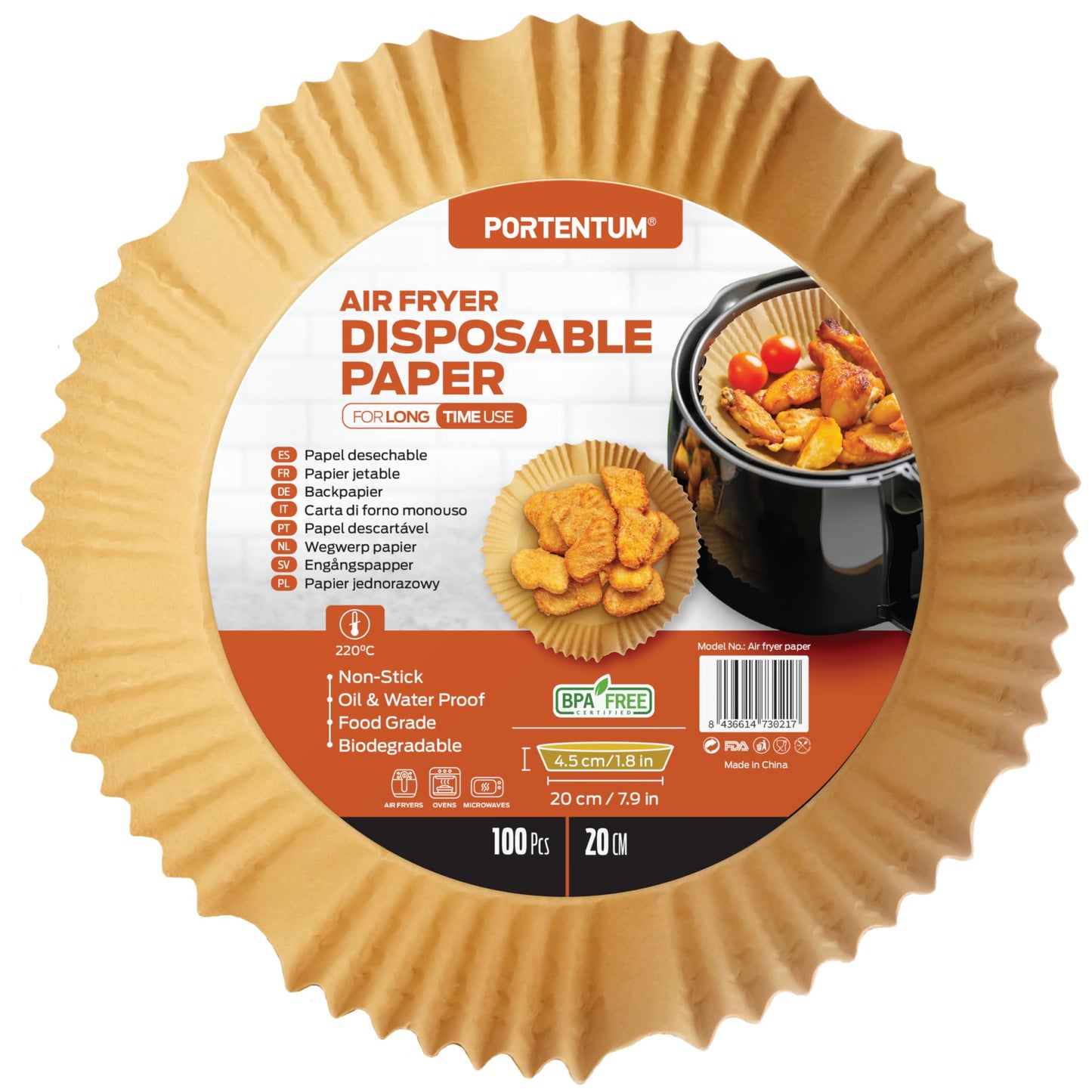 PORTENTUM Papel freidora aire 100 unidades de 20-24 cm Cuadrado. Papel Air Fryer Grado alimenticio BPA free, FDA y LFGB