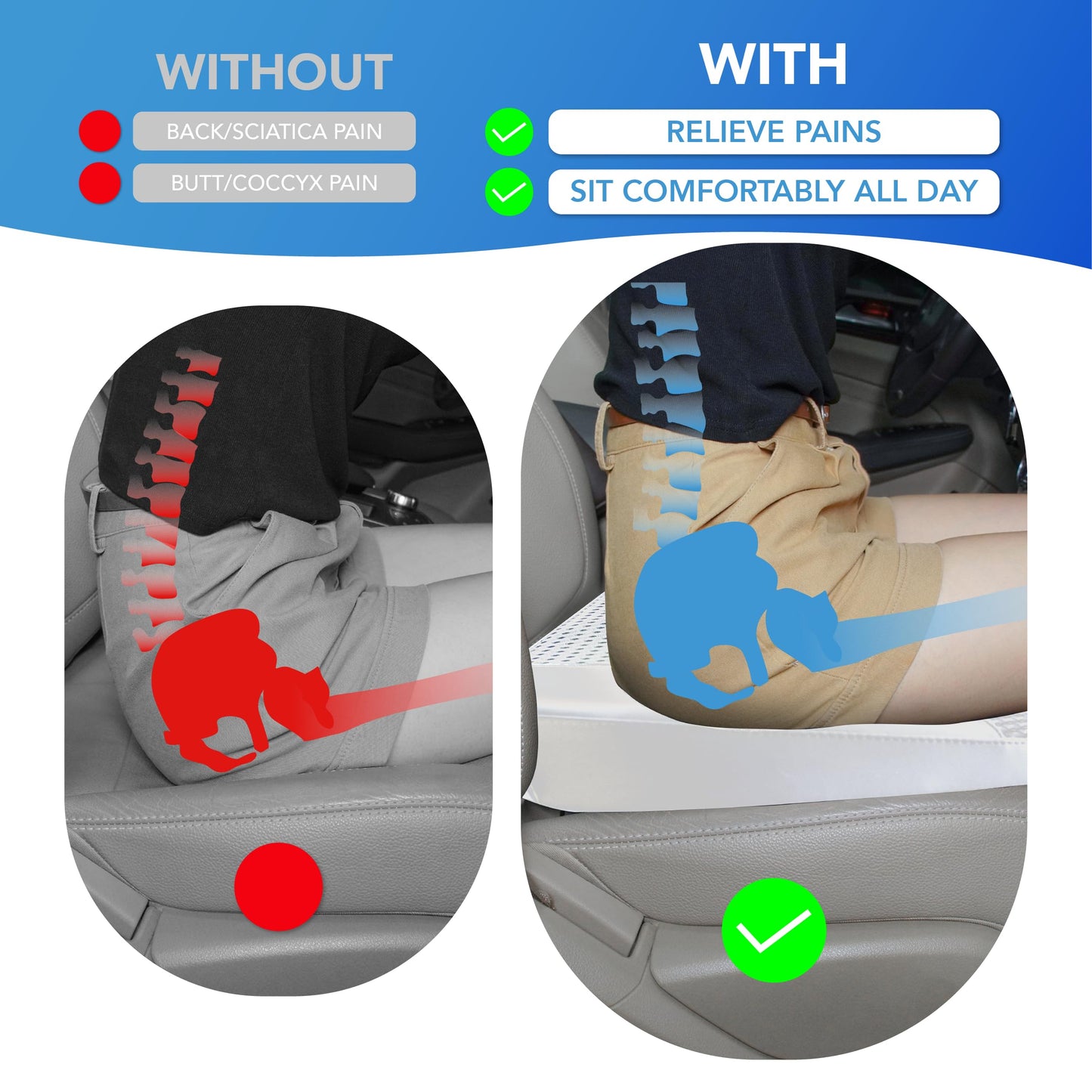 Cojín de asiento de coche: cómodo cojín de espuma viscoelástica para conducir, para aliviar el dolor de ciática, tahone, cojín de asiento para coche, camión, oficina, silla de ruedas, cuero y malla 4D