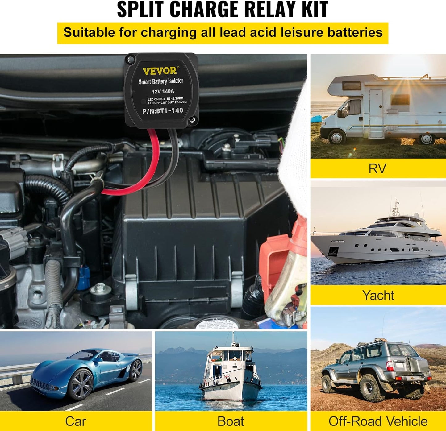 VEVOR Kit de Relé de Carga Dividida 12 V Relé Sensible al Voltaje 5 m UTV Camión