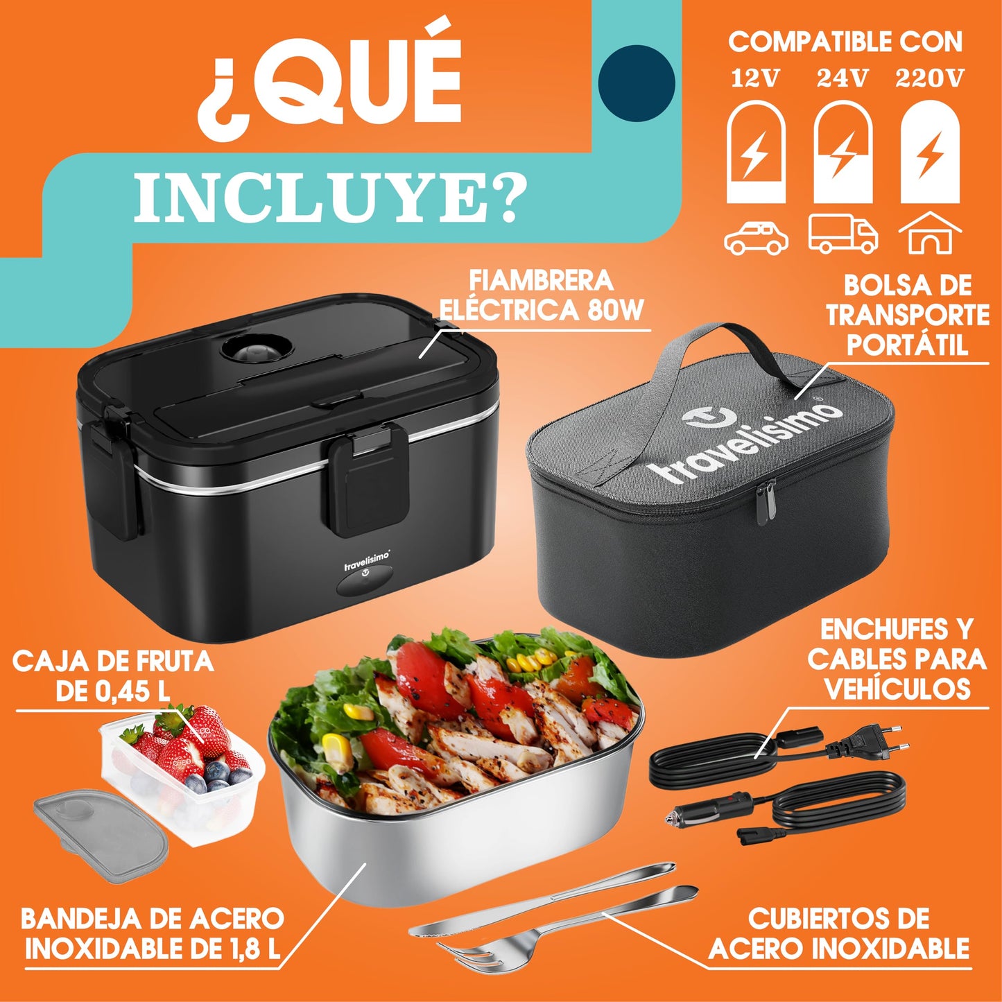TRAVELISIMO - Fiambrera Electrica Extra Grande 1,8L - Taper Electrico para Comida 80W - Fiambrera Termica 3 en 1 12V/24V/220V - Fiambreras Comida Trabajo para Coche, Camión - Acero Inoxidable