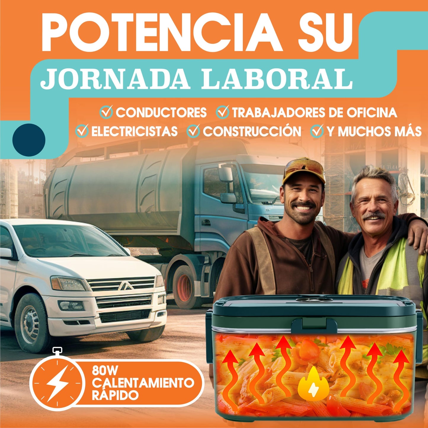 TRAVELISIMO - Fiambrera Electrica Extra Grande 1,8L - Taper Electrico para Comida 80W - Fiambrera Termica 3 en 1 12V/24V/220V - Fiambreras Comida Trabajo para Coche, Camión - Acero Inoxidable