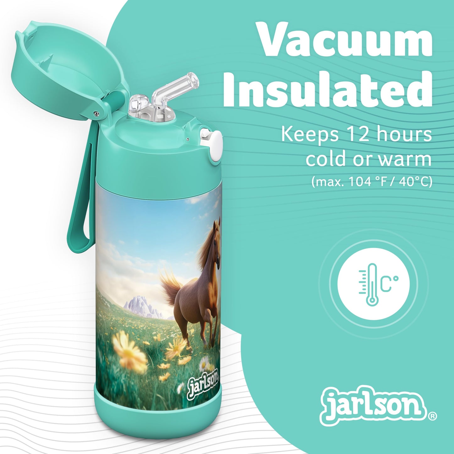 Jarlson®, Botella térmica de acero inoxidable, para niños, libre de BPA, botella para bebidas con pajilla, termo de 500 ml (Camión de bomberos rojo, 500 ml)