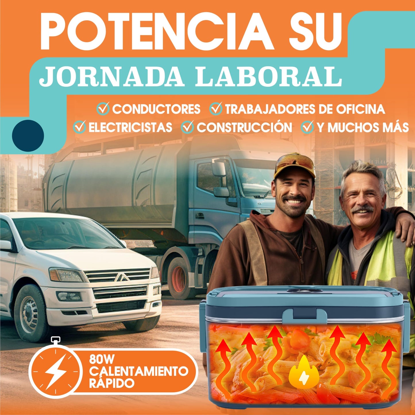TRAVELISIMO - Fiambrera Electrica Extra Grande 1,8L - Taper Electrico para Comida 80W - Fiambrera Termica 3 en 1 12V/24V/220V - Fiambreras Comida Trabajo para Coche, Camión - Acero Inoxidable