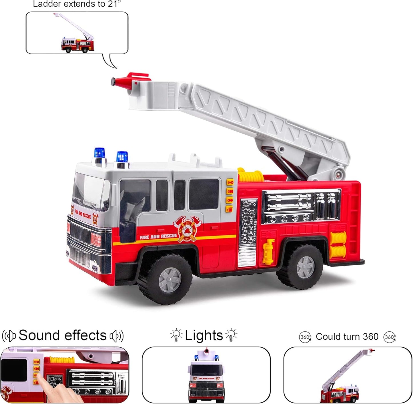 Playkidiz 15 Pulgada Juguete de camión de Bomberos para niños con Luces y Sonidos de Sirena, clásico Rojo y Blanco vehículo, Interactivo Jugar Escalera móvil, diversión de Aprendizaje temprano