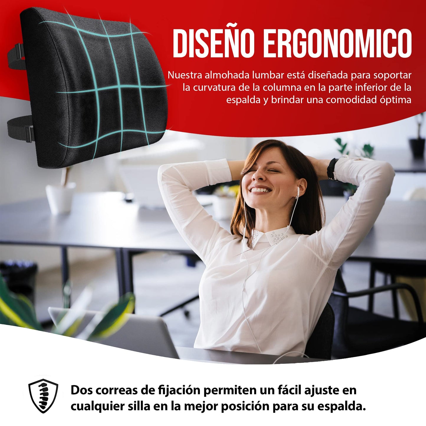 FORTEM Cojín Lumbar Ergonómico para Silla de Oficina, Coche y Gaming, con Espuma Viscoelástica de Alta Densidad y Funda Lavable, Respaldo Ortopédico para Mayor Comodidad