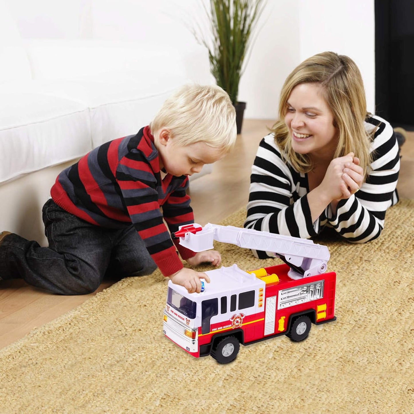 Playkidiz 15 Pulgada Juguete de camión de Bomberos para niños con Luces y Sonidos de Sirena, clásico Rojo y Blanco vehículo, Interactivo Jugar Escalera móvil, diversión de Aprendizaje temprano