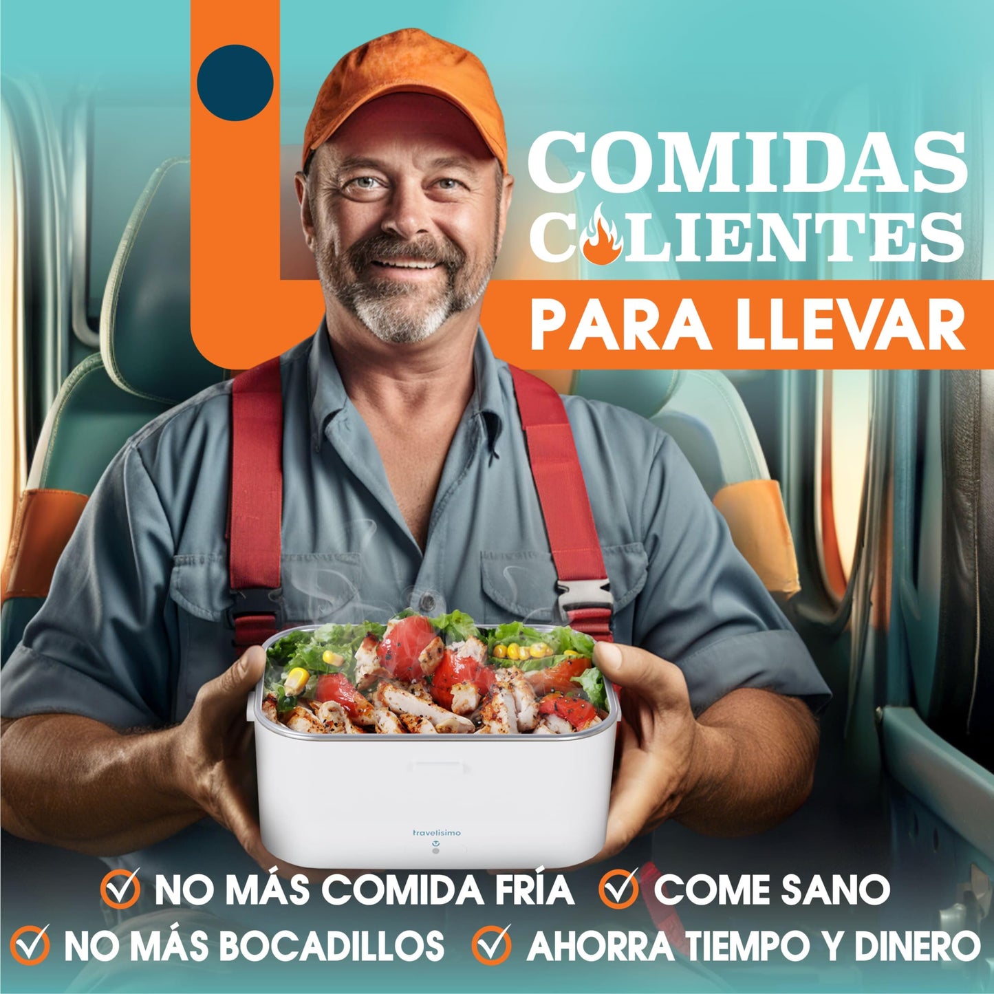 TRAVELISIMO - Fiambrera Electrica Extra Grande 1,8L - Taper Electrico para Comida 80W - Fiambrera Termica 3 en 1 12V/24V/220V - Fiambreras Comida Trabajo para Coche, Camión - Acero Inoxidable