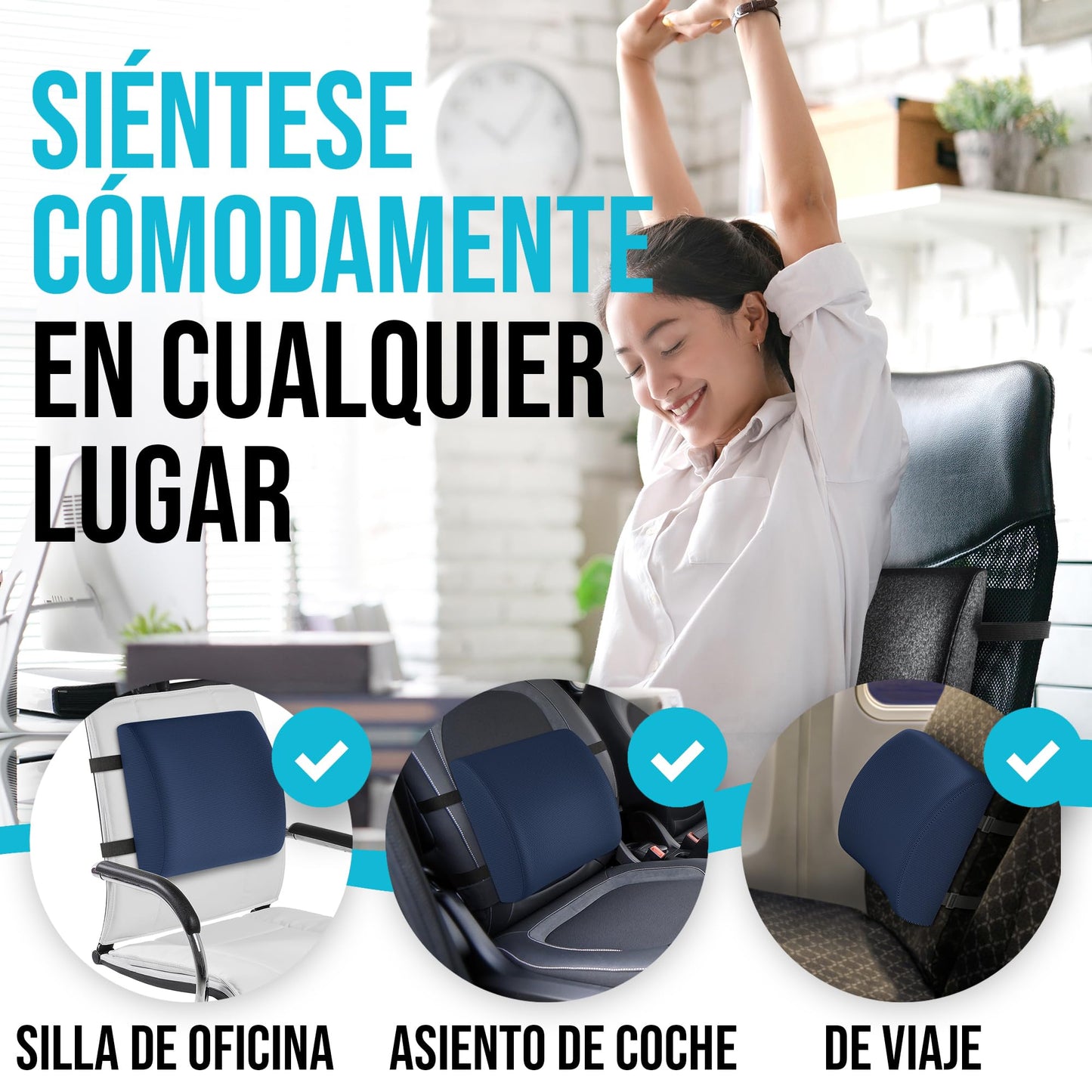 FORTEM Cojín Lumbar Ergonómico para Silla de Oficina, Coche y Gaming, con Espuma Viscoelástica de Alta Densidad y Funda Lavable, Respaldo Ortopédico para Mayor Comodidad