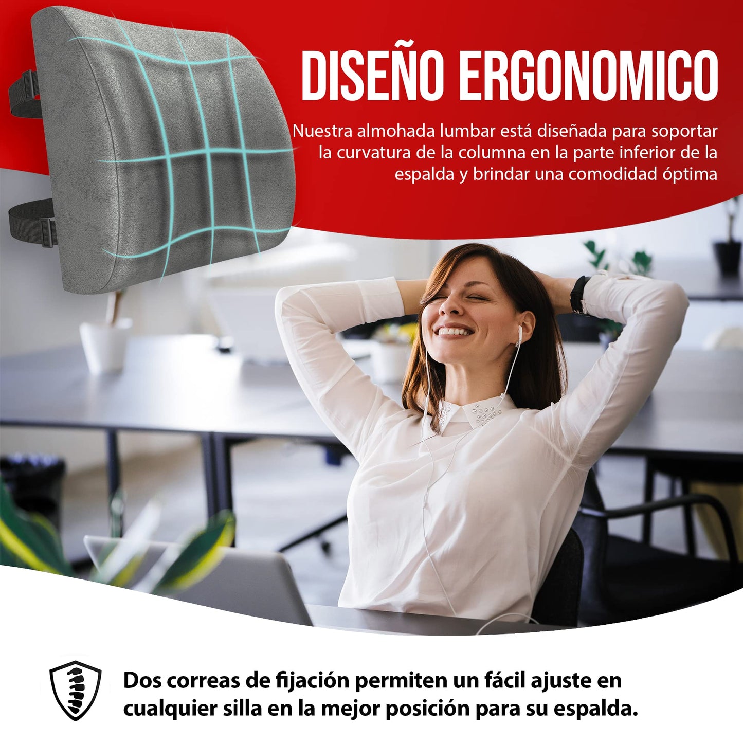 FORTEM Cojín Lumbar Ergonómico para Silla de Oficina, Coche y Gaming, con Espuma Viscoelástica de Alta Densidad y Funda Lavable, Respaldo Ortopédico para Mayor Comodidad