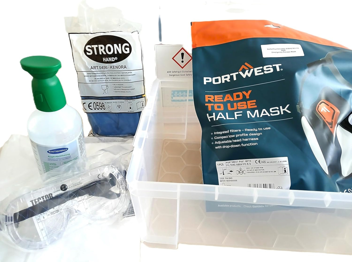 ADR - Kit de seguridad para mercancías peligrosas con media máscara de escape de emergencia, gafas, guantes de protección química, etc.