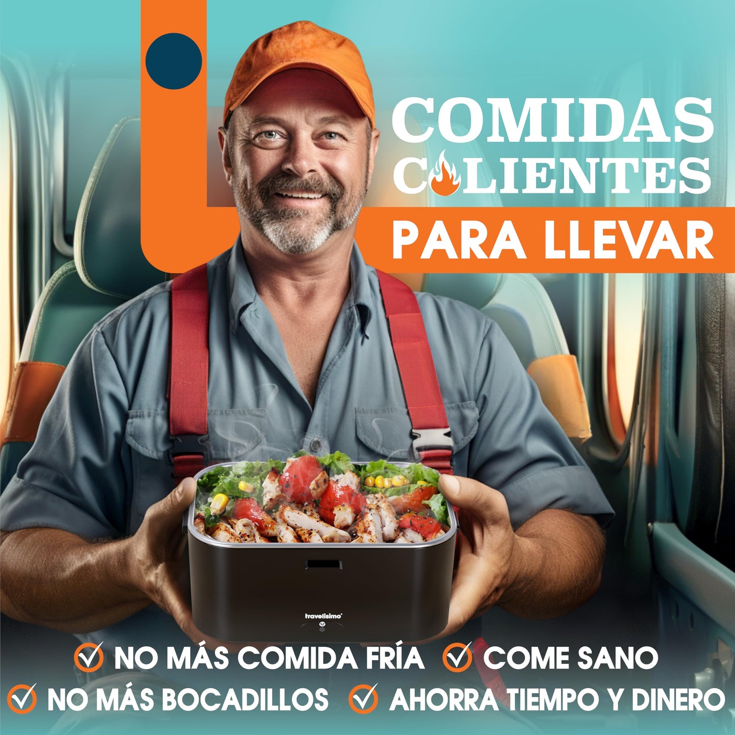 TRAVELISIMO - Fiambrera Electrica Extra Grande 1,8L - Taper Electrico para Comida 80W - Fiambrera Termica 3 en 1 12V/24V/220V - Fiambreras Comida Trabajo para Coche, Camión - Acero Inoxidable