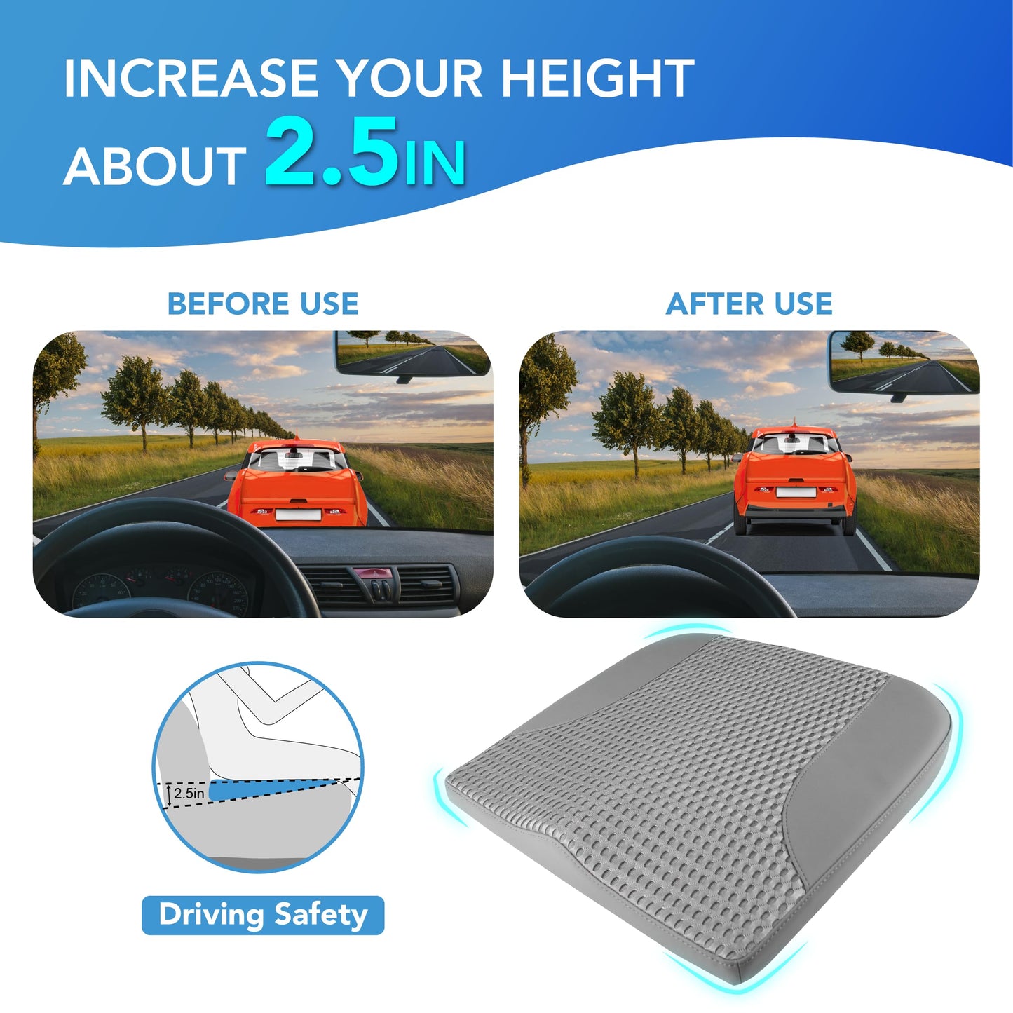 Cojín de asiento de coche: cómodo cojín de espuma viscoelástica para conducir, para aliviar el dolor de ciática, tahone, cojín de asiento para coche, camión, oficina, silla de ruedas, cuero y malla 4D