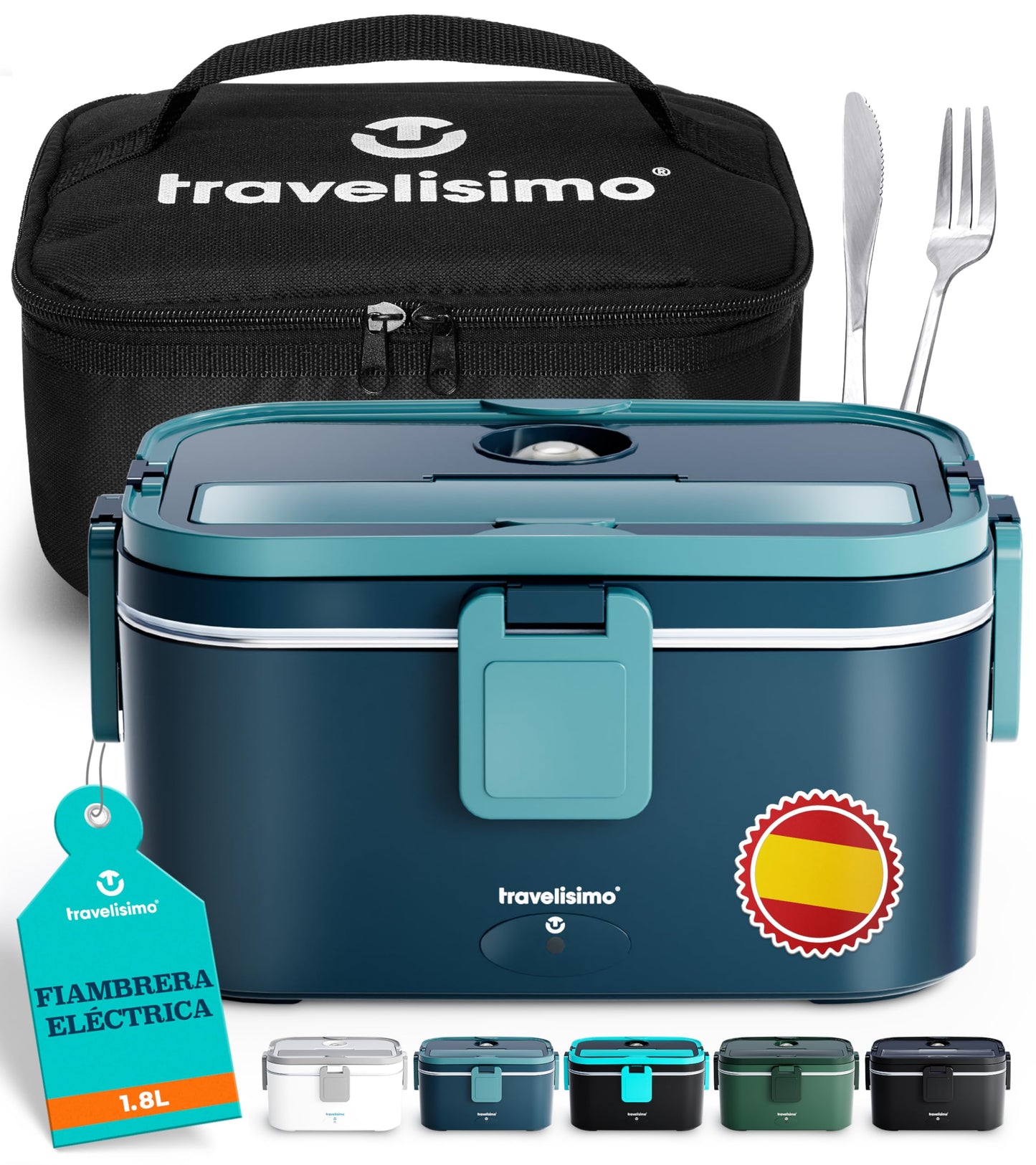 TRAVELISIMO - Fiambrera Electrica Extra Grande 1,8L - Taper Electrico para Comida 80W - Fiambrera Termica 3 en 1 12V/24V/220V - Fiambreras Comida Trabajo para Coche, Camión - Acero Inoxidable