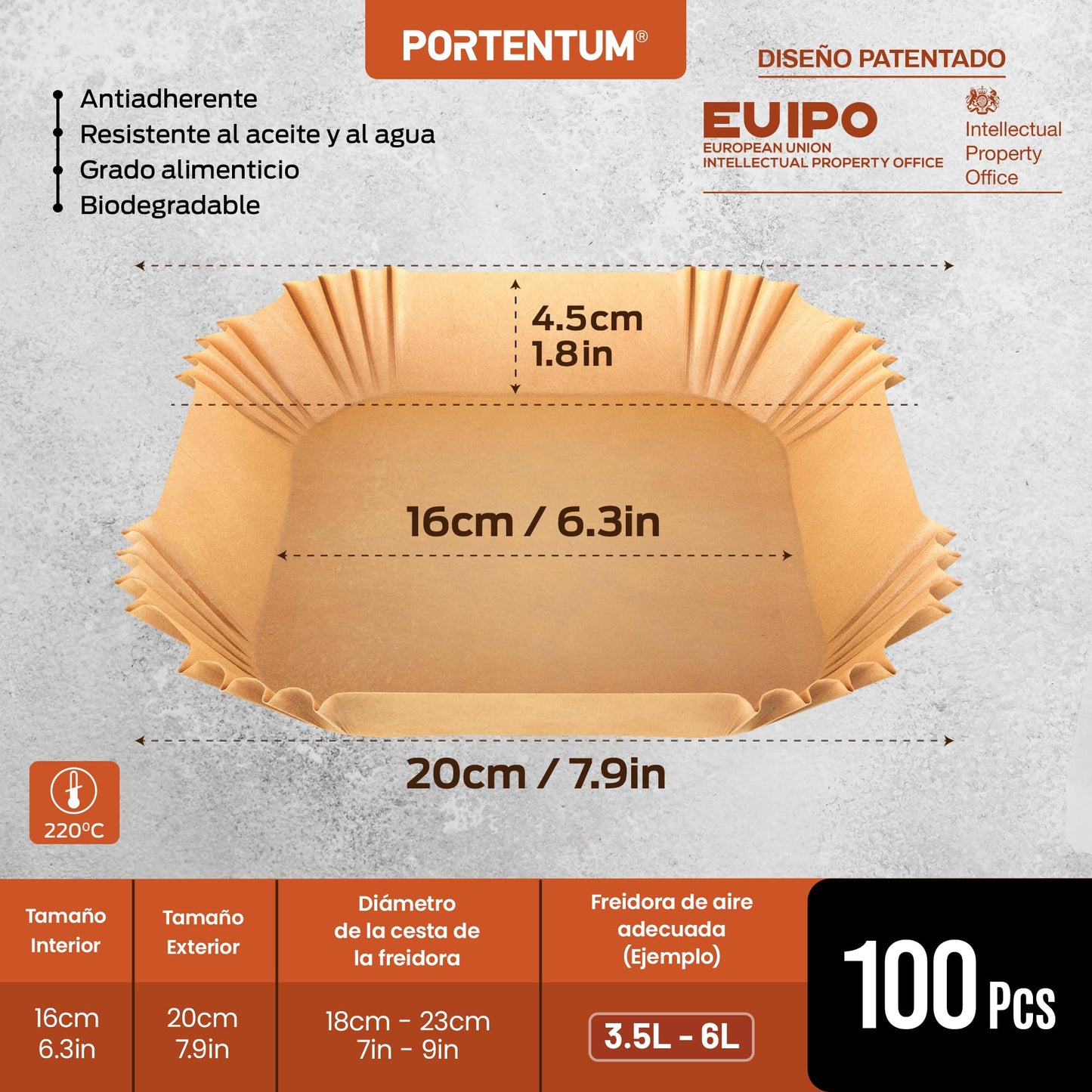 PORTENTUM Papel freidora aire 100 unidades de 20-24 cm Cuadrado. Papel Air Fryer Grado alimenticio BPA free, FDA y LFGB