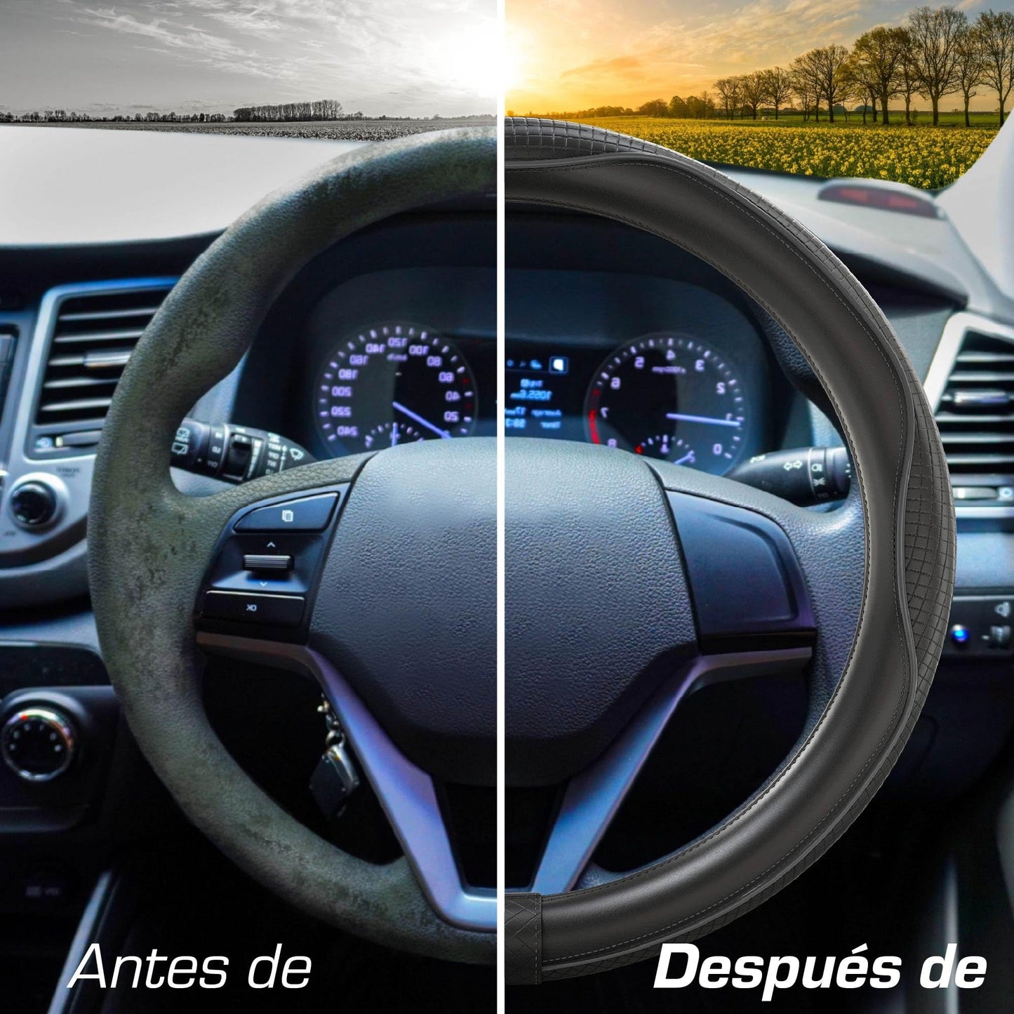 Upgrade4cars Funda Volante Coche Azul Negro Universal Poli-Piel | Cubre 37-38 cm Diámetro Exterior | Accesorios Coches Interior Decoracion Cubierta | Ideas Regalos