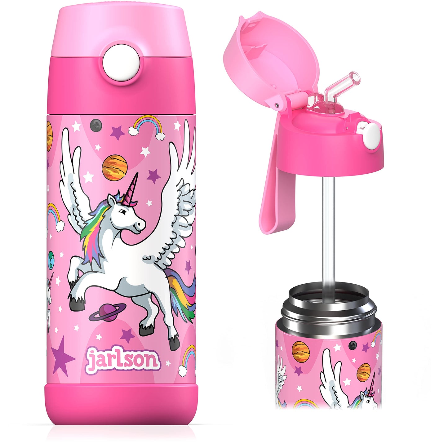 Jarlson®, Botella térmica de acero inoxidable, para niños, libre de BPA, botella para bebidas con pajilla, termo de 500 ml (Camión de bomberos rojo, 500 ml)