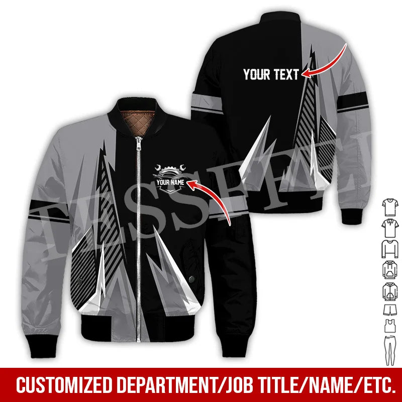 Custom Name Cosplay Worker Heavy Equipment Tow Truck Retro 3D Print Bomber Jacket Winter Harajuku Oversize Casual Flight Coat X1