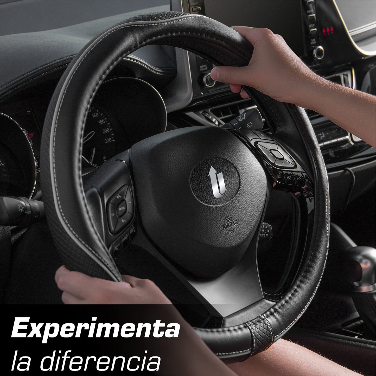 Upgrade4cars Funda Volante Coche Azul Negro Universal Poli-Piel | Cubre 37-38 cm Diámetro Exterior | Accesorios Coches Interior Decoracion Cubierta | Ideas Regalos