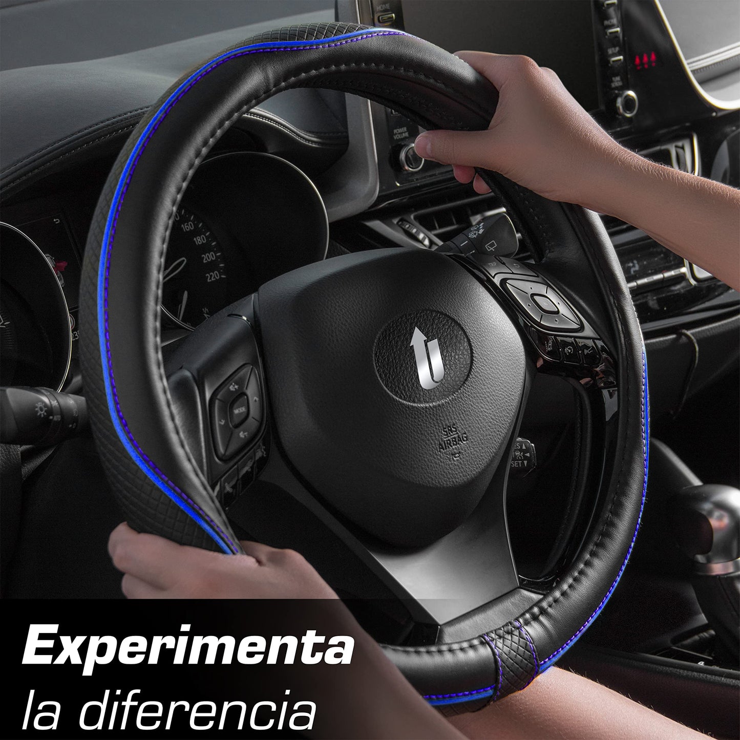 Upgrade4cars Funda Volante Coche Azul Negro Universal Poli-Piel | Cubre 37-38 cm Diámetro Exterior | Accesorios Coches Interior Decoracion Cubierta | Ideas Regalos