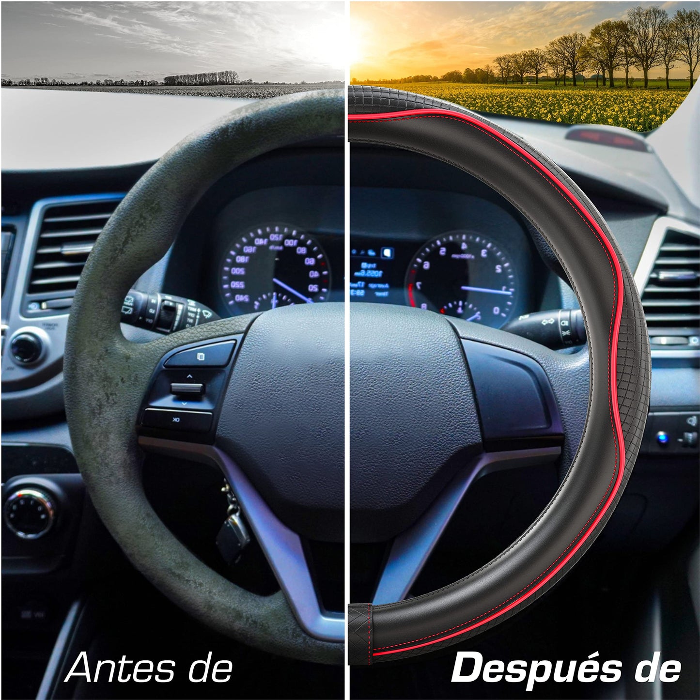 Upgrade4cars Funda Volante Coche Azul Negro Universal Poli-Piel | Cubre 37-38 cm Diámetro Exterior | Accesorios Coches Interior Decoracion Cubierta | Ideas Regalos