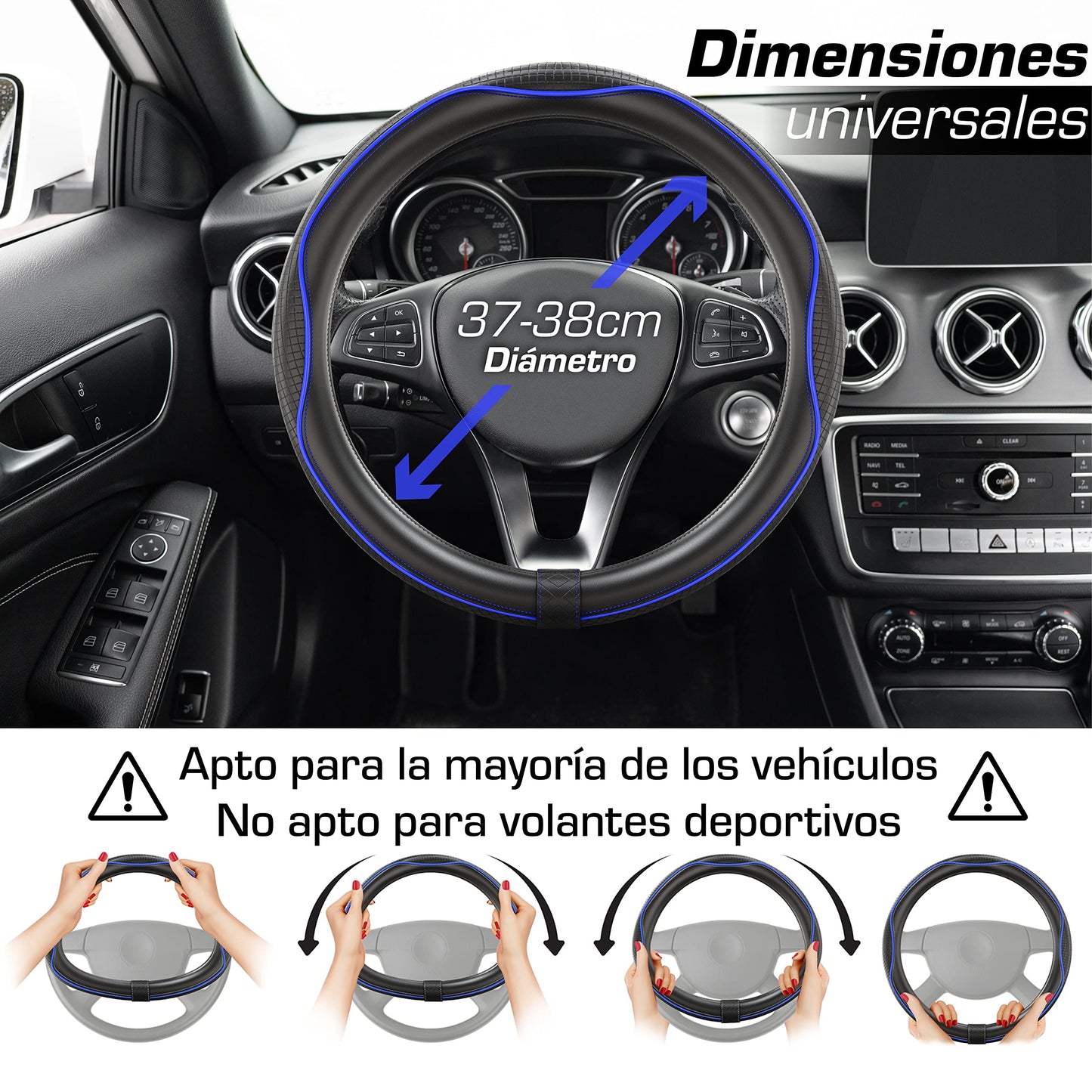 Upgrade4cars Funda Volante Coche Azul Negro Universal Poli-Piel | Cubre 37-38 cm Diámetro Exterior | Accesorios Coches Interior Decoracion Cubierta | Ideas Regalos