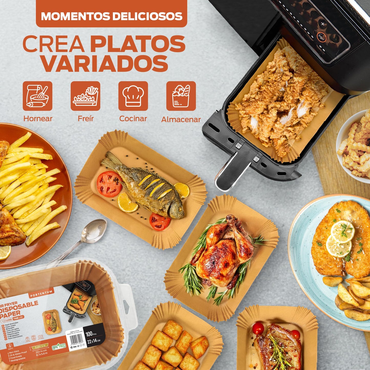 PORTENTUM Papel freidora aire 100 unidades de 20-24 cm Cuadrado. Papel Air Fryer Grado alimenticio BPA free, FDA y LFGB