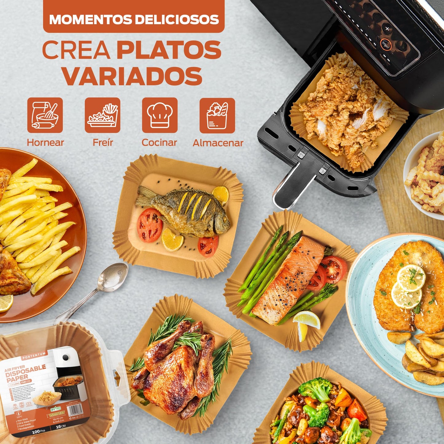 PORTENTUM Papel freidora aire 100 unidades de 20-24 cm Cuadrado. Papel Air Fryer Grado alimenticio BPA free, FDA y LFGB