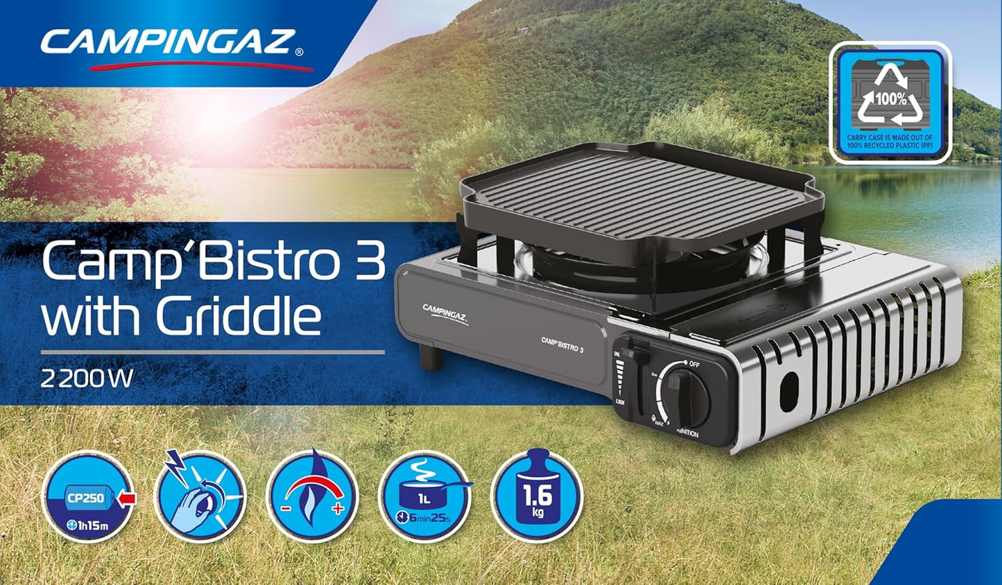 Campingaz Camp Bistro 3 Combo Hornillo y Plancha | Hornillo Camping de 1 Quemador | 2200 vatios | Cocina portátil compacta para Exteriores | Incluye Estuche de Transporte para facilitar su Transporte