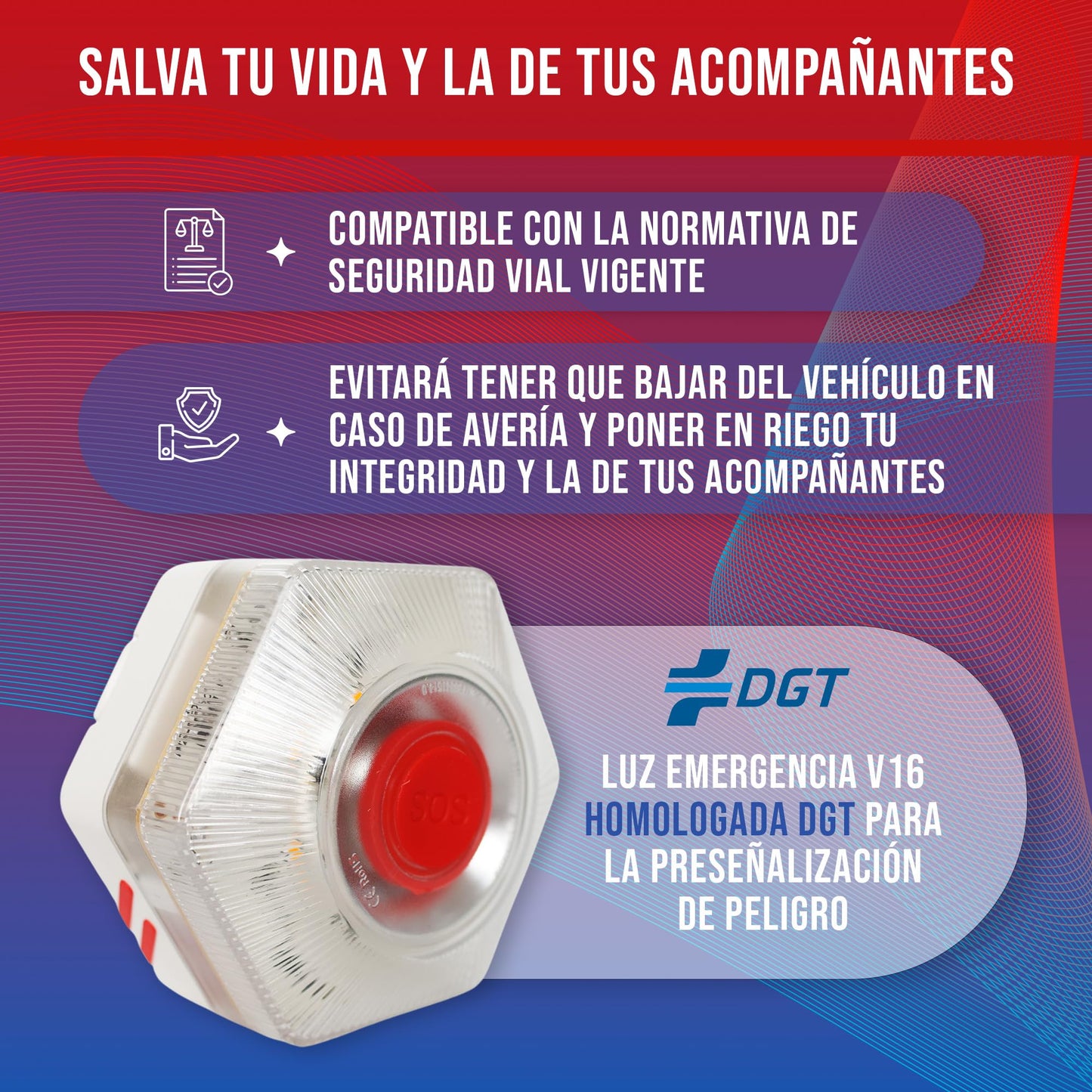 WORLD PRODUCTS STORE Luz Emergencia Homologado DGT – Baliza V16 DGT – Luz Emergencia Coche – Sustitutivo Triángulo de Emergencia- Resistente Agua - Luz Avería Accidente – Visibilidad 1 KM