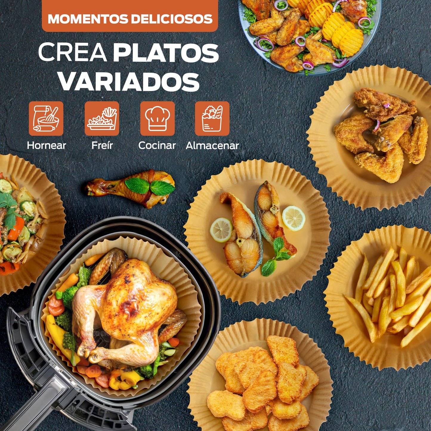 PORTENTUM Papel freidora aire 100 unidades de 20-24 cm Cuadrado. Papel Air Fryer Grado alimenticio BPA free, FDA y LFGB