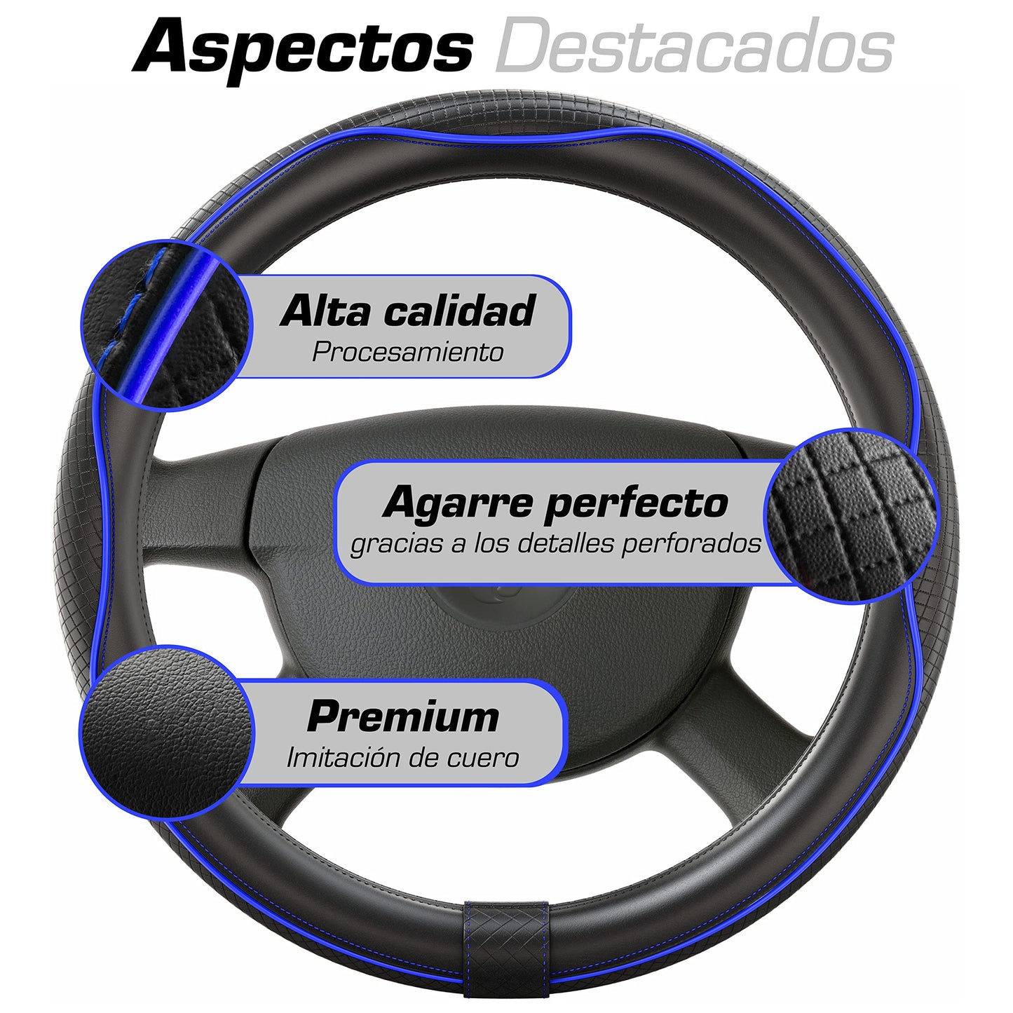 Upgrade4cars Funda Volante Coche Azul Negro Universal Poli-Piel | Cubre 37-38 cm Diámetro Exterior | Accesorios Coches Interior Decoracion Cubierta | Ideas Regalos