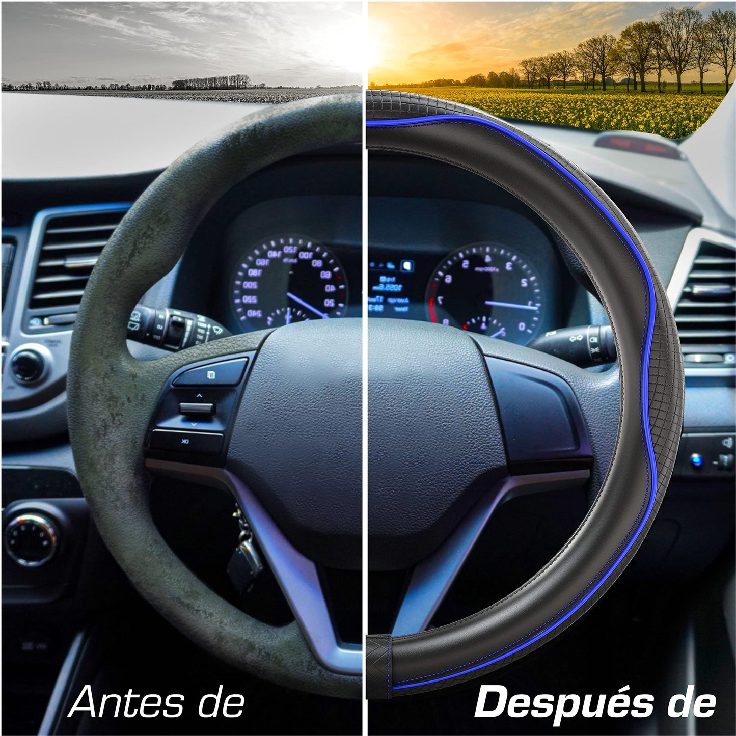 Upgrade4cars Funda Volante Coche Azul Negro Universal Poli-Piel | Cubre 37-38 cm Diámetro Exterior | Accesorios Coches Interior Decoracion Cubierta | Ideas Regalos