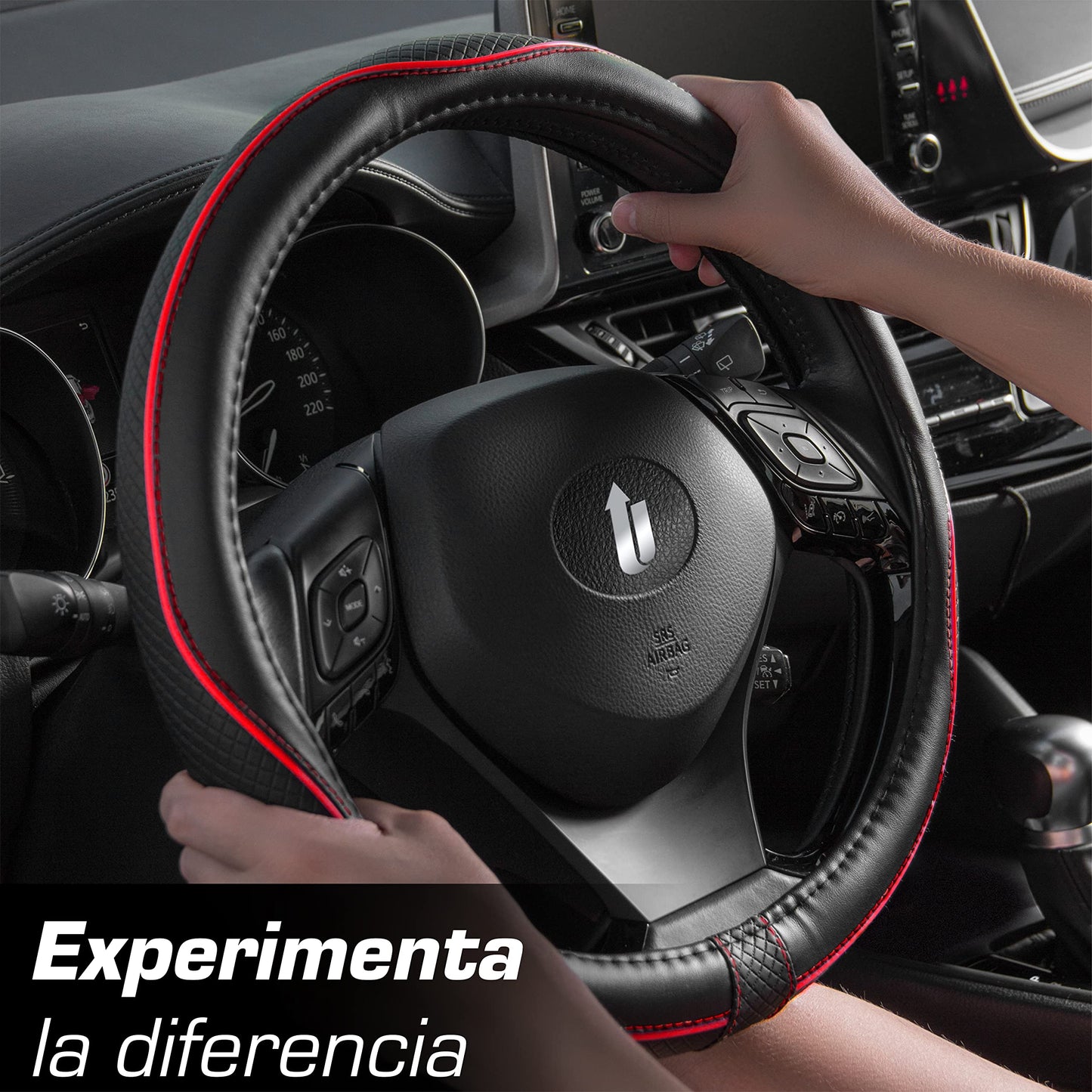 Upgrade4cars Funda Volante Coche Azul Negro Universal Poli-Piel | Cubre 37-38 cm Diámetro Exterior | Accesorios Coches Interior Decoracion Cubierta | Ideas Regalos