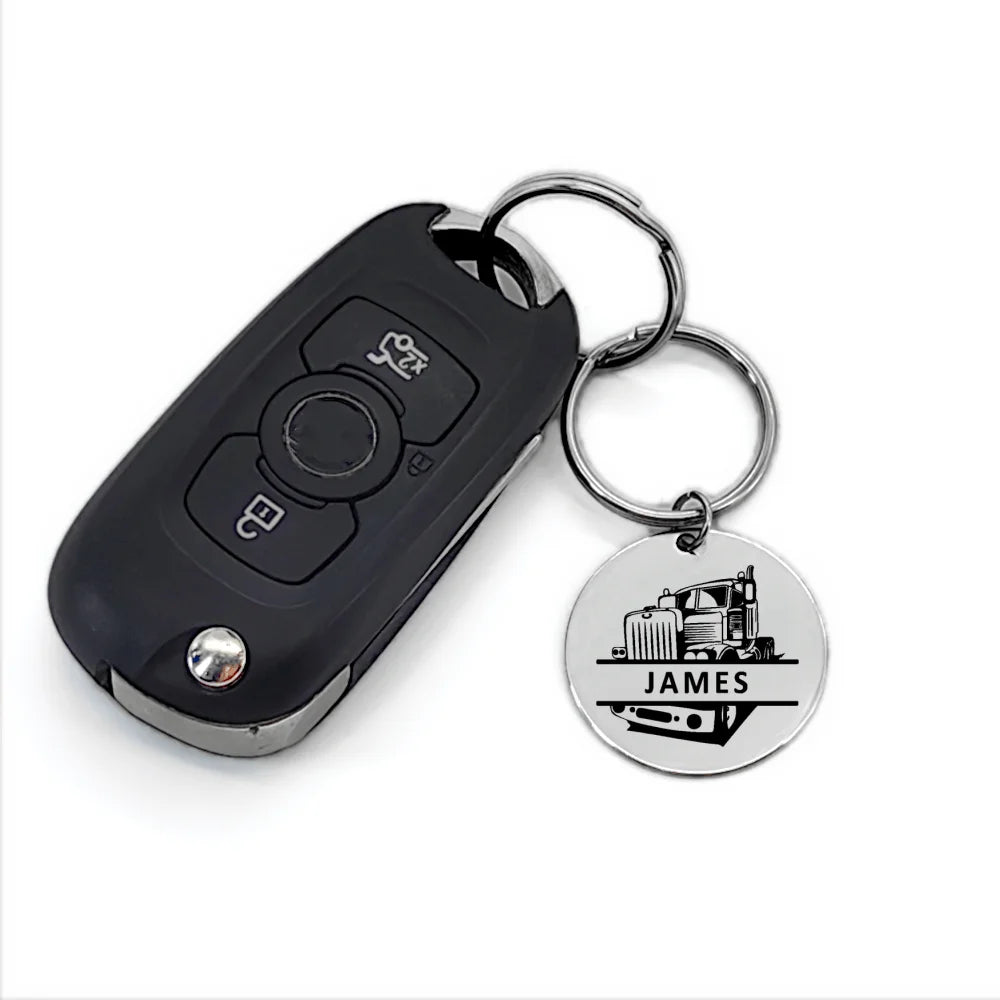 Vintage Custom Name Truck Keychain Stainless Steel Personalized Truck Keyring Chunky Jewelry Gifts for Truckers Friends Family