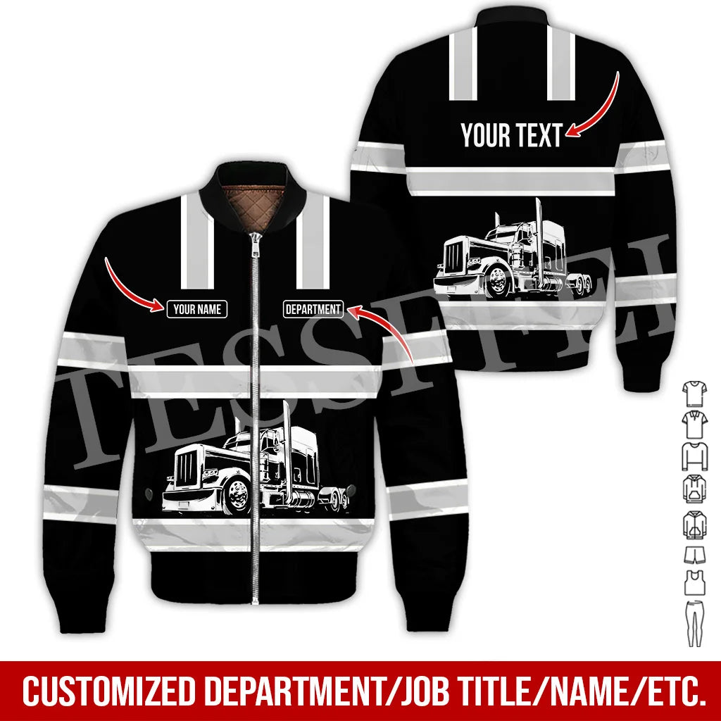 Custom Name Cosplay Worker Heavy Equipment Tow Truck Retro 3D Print Bomber Jacket Winter Harajuku Oversize Casual Flight Coat X1