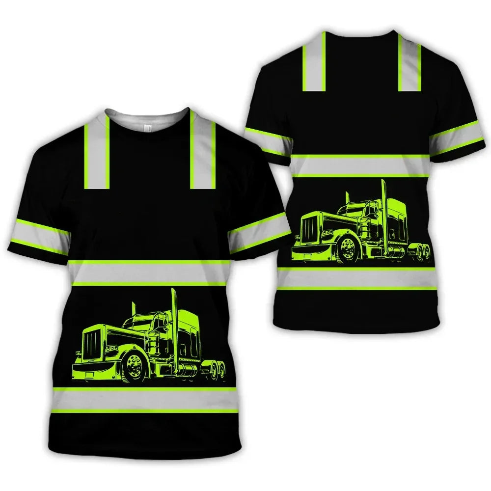 Workwear Summer Breathable Mens T Shirt 3D Print Style Truck Driver Safety Transport Uniform Oversize Loose Top