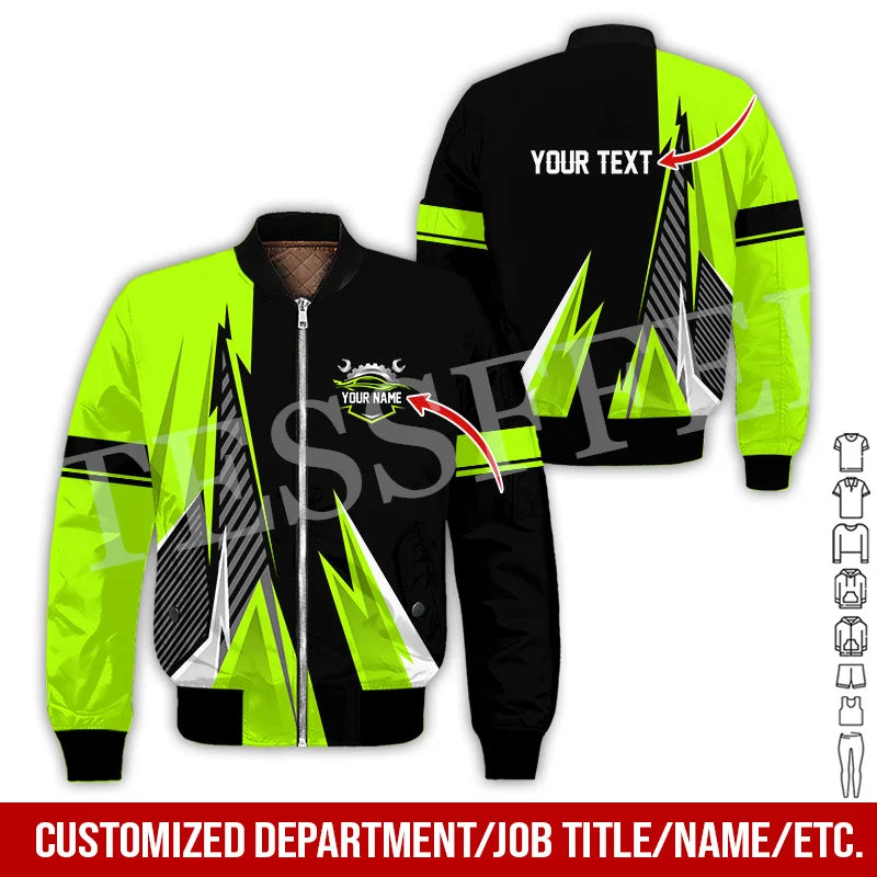 Custom Name Cosplay Worker Heavy Equipment Tow Truck Retro 3D Print Bomber Jacket Winter Harajuku Oversize Casual Flight Coat X1