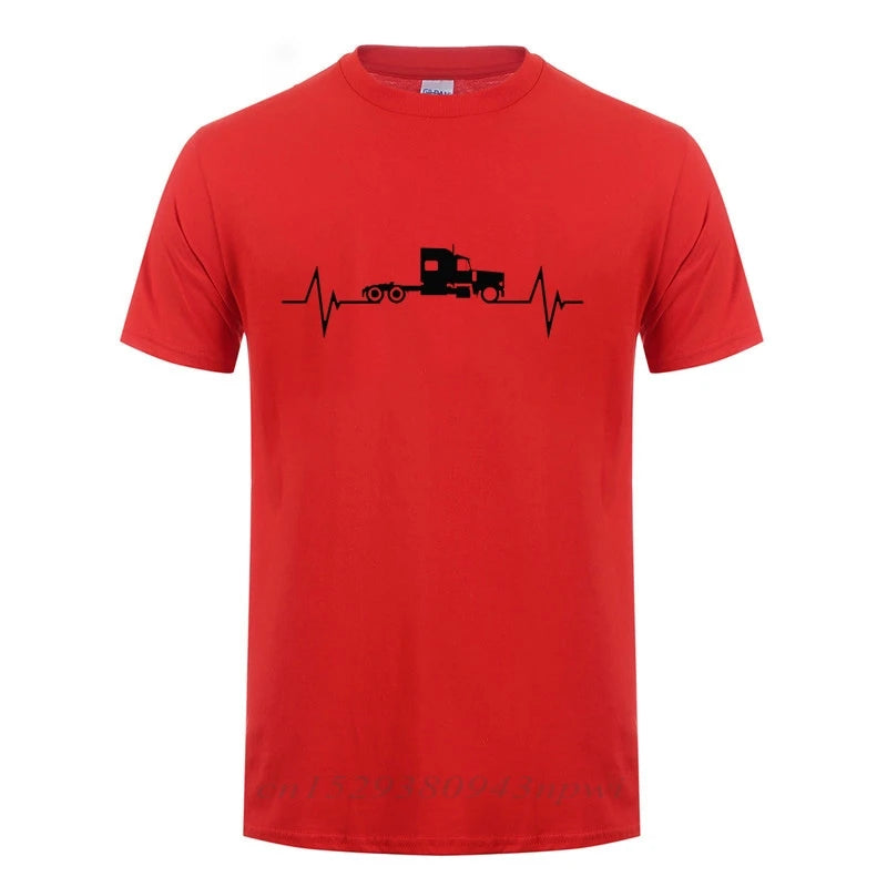 Heartbeat Of Truck T-Shirt Funny Birthday Gift Father's Day Present For Men Dad Husband Trucker Truck Driver Cotton T Shirts Top