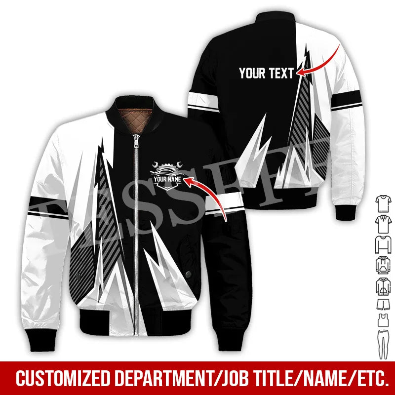 Custom Name Cosplay Worker Heavy Equipment Tow Truck Retro 3D Print Bomber Jacket Winter Harajuku Oversize Casual Flight Coat X1